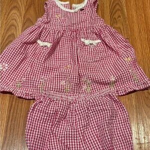 Pink and White Gingham Baby Dress with Floral embroidery and Bloomers